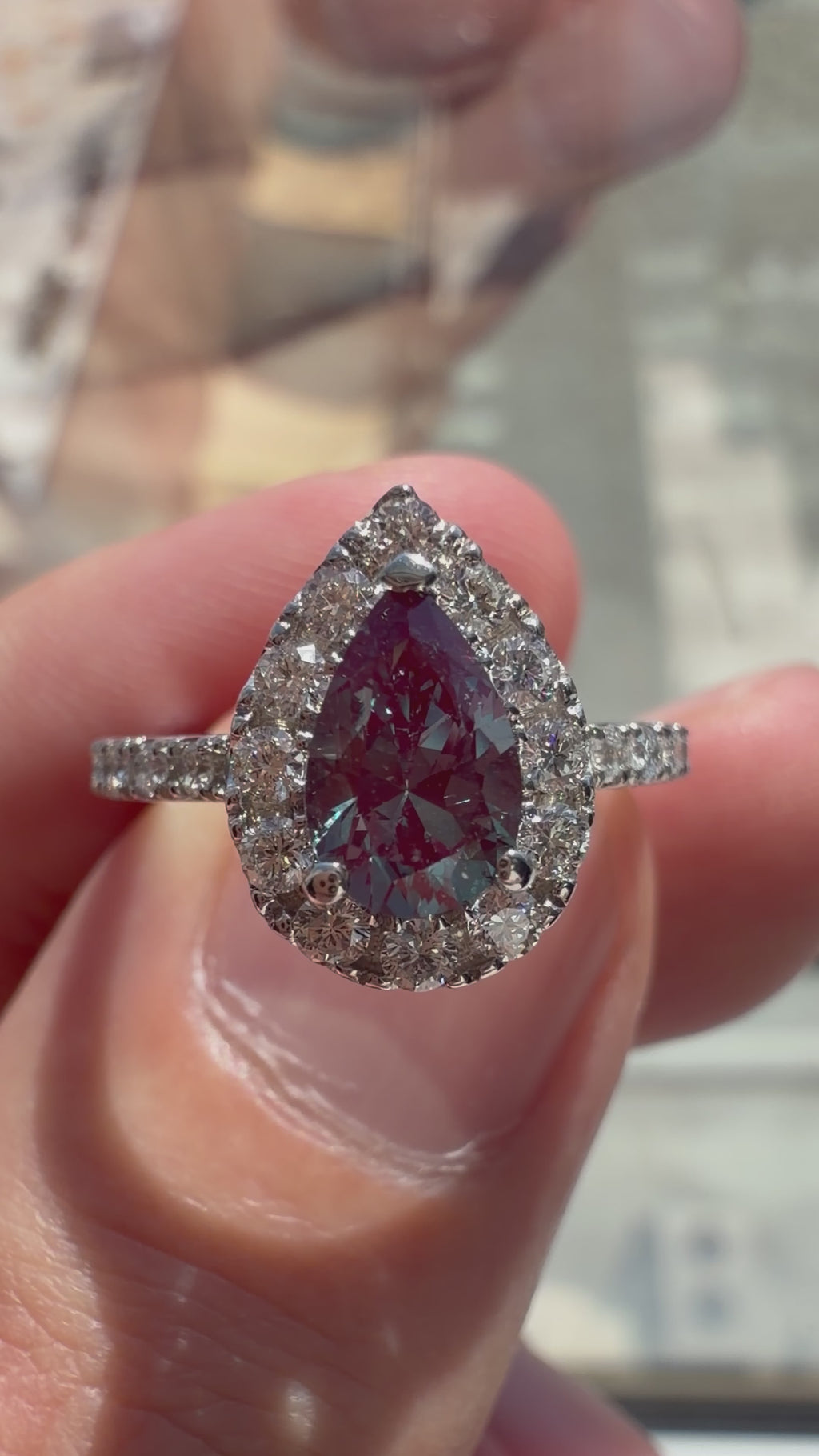 Pear Lab-Grown Alexandrite Ring with Natural Diamond Halo and Accents