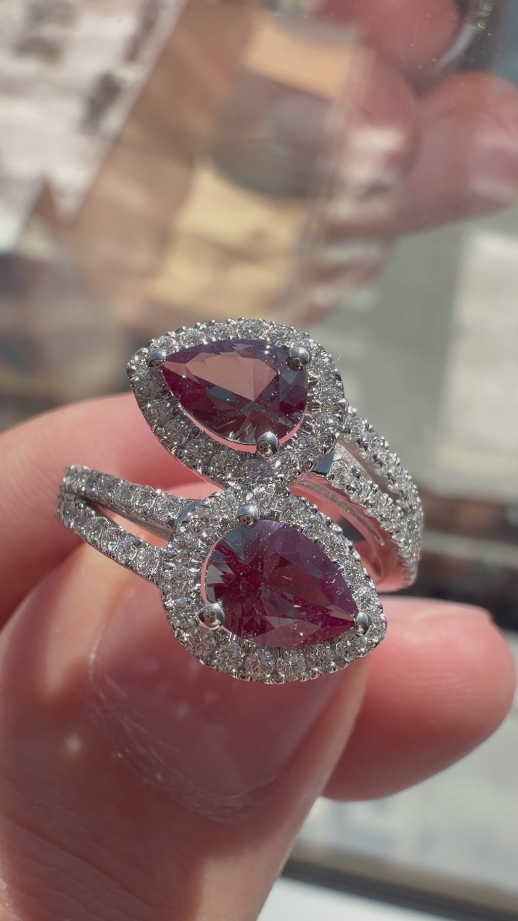 Pear Lab-Grown Alexandrite Bypass Ring with Natural Diamond Halo and Accents