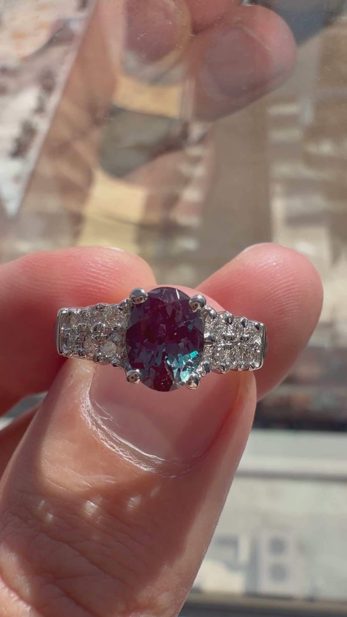 Oval Lab-Grown Alexandrite Ring with Natural Diamonds