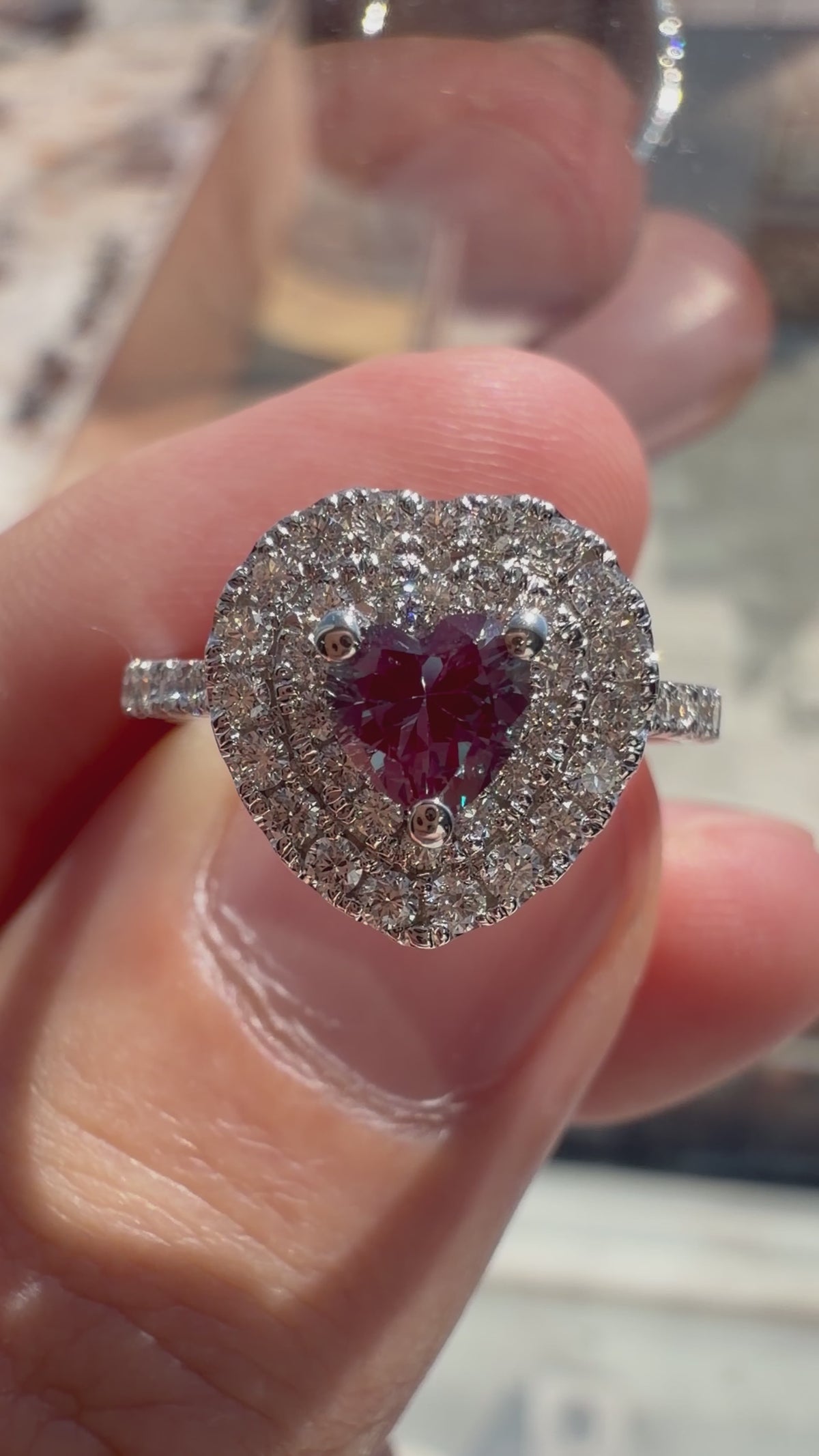 Heart-Shaped Lab-Grown Alexandrite Ring with Natural Diamond Double Halo and Accents