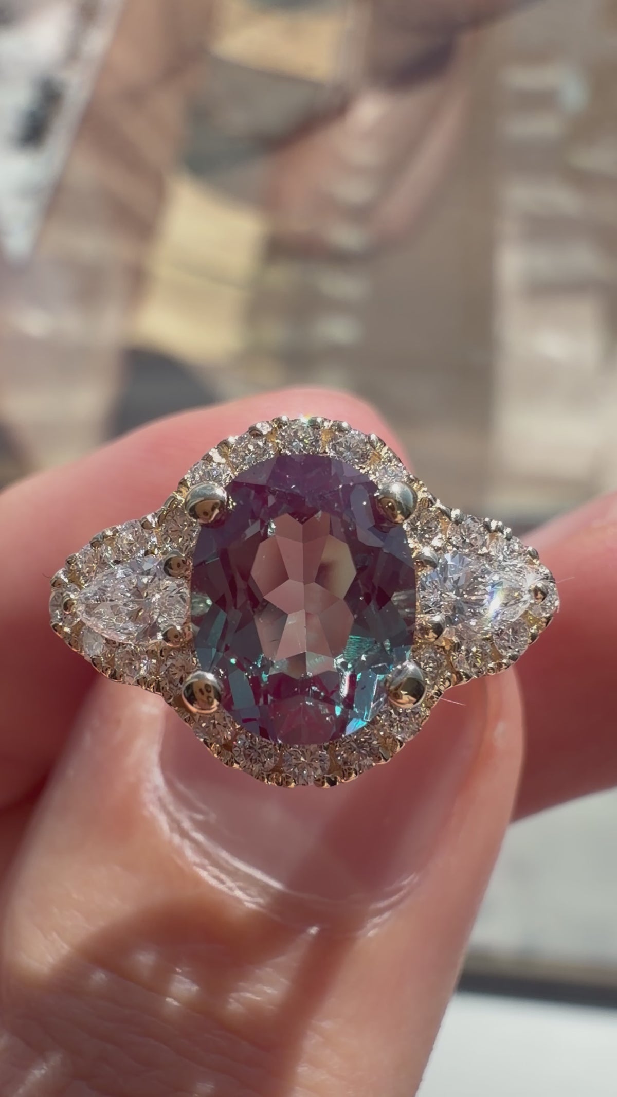 Pear Lab-Grown Alexandrite Ring with Natural Diamond Pears, Halo and Accents
