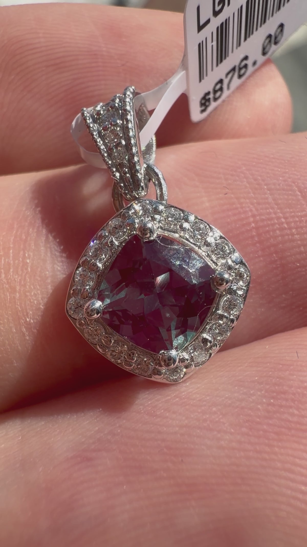 Square Cushion Lab-Grown Alexandrite Pendant with Natural Diamond Halo and Diamond Milgrain Detailed Bale