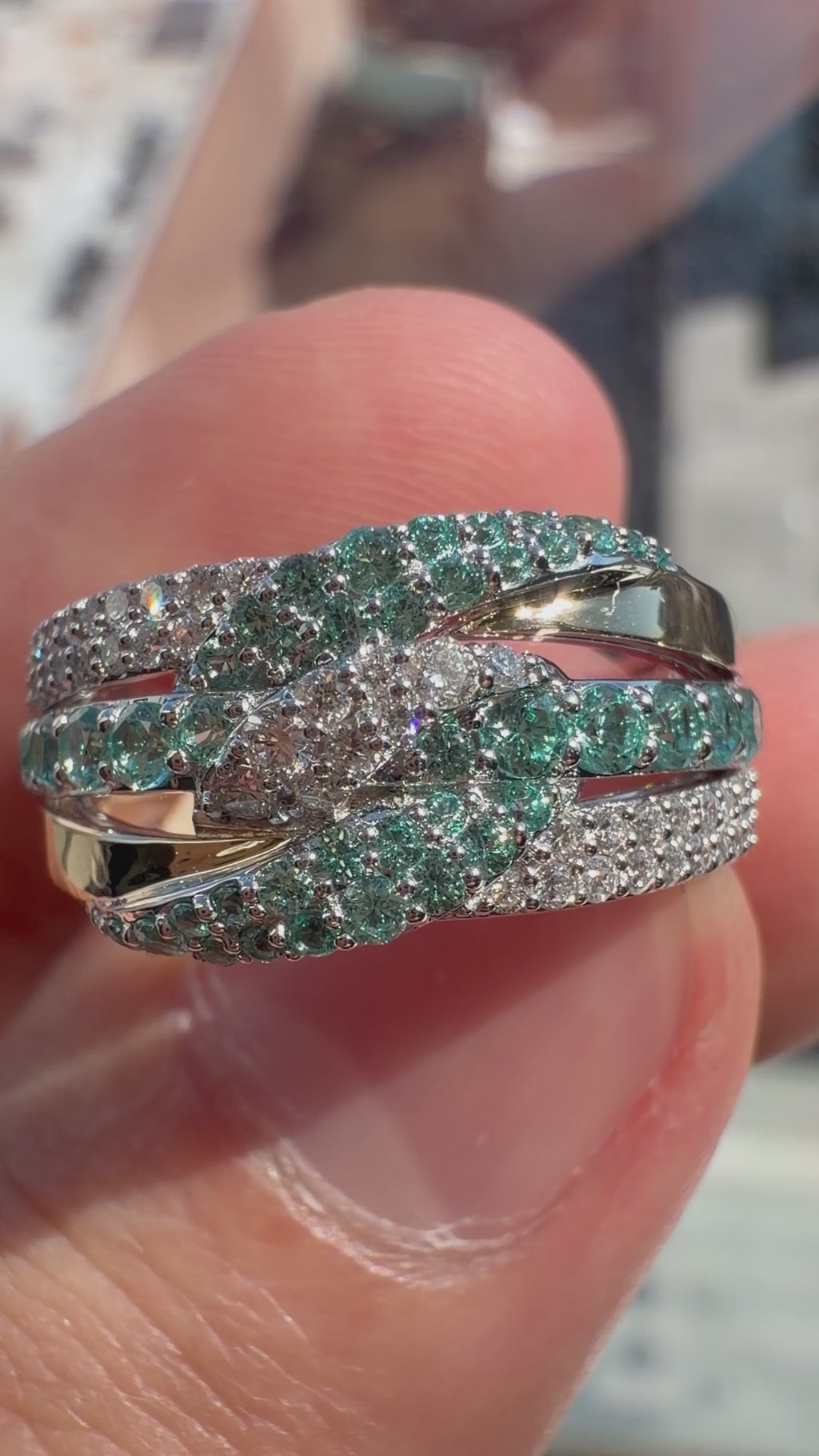 Lab-Grown Paraiba Two-Tone Crossover Ring with Natural Diamonds