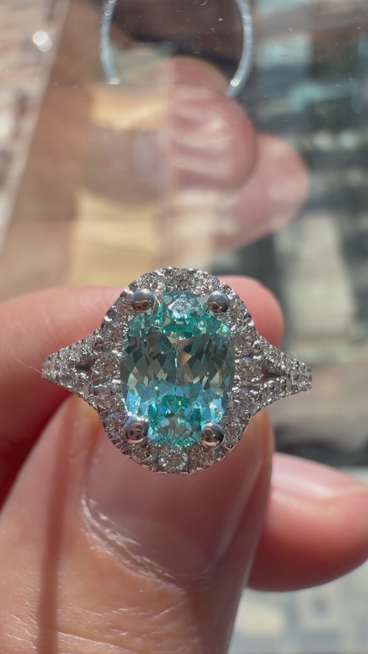 Large Oval Lab-Grown Paraiba Split Shank Ring with Natural Diamond Halo and Accents