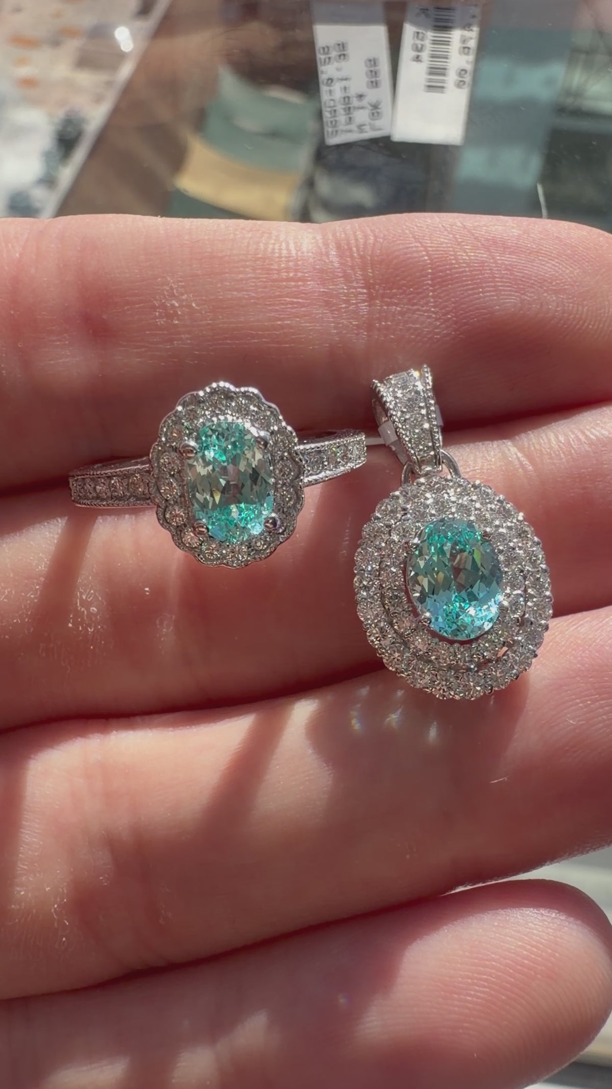 Oval Lab-Grown Paraiba Pendant with Natural Diamond Double Halo and Milgrain Bale