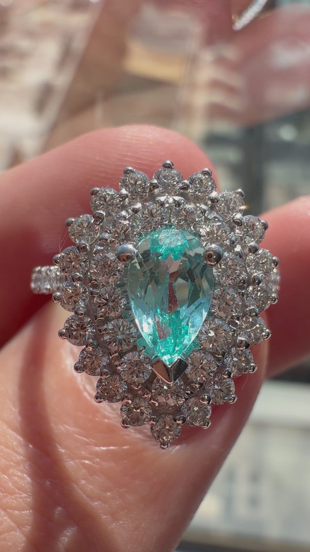 Pear Lab-Grown Paraiba Ring with Natural Diamond Double Halo and Accents