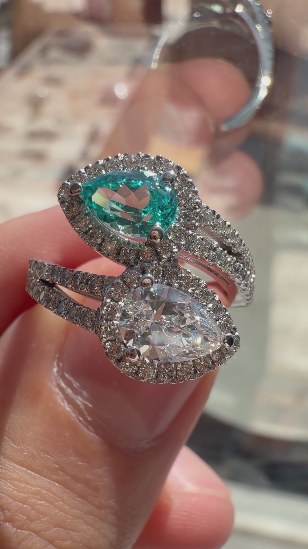 Pear Lab-Grown Paraiba and Diamond Bypass Ring with Natural Diamond Halo and Accents