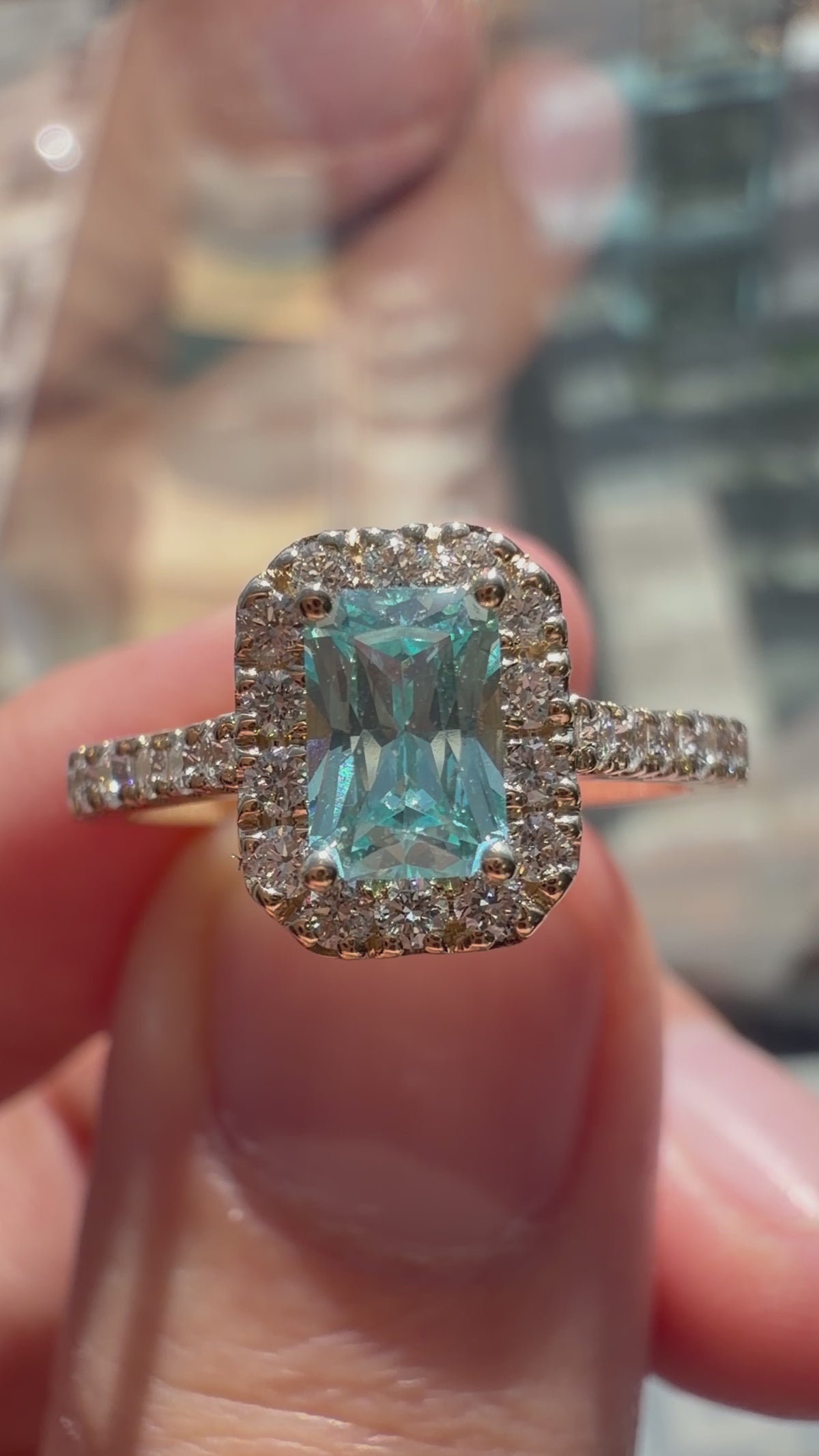 Small Radiant Lab-Grown Paraiba Ring with Natural Diamond Halo and Accents