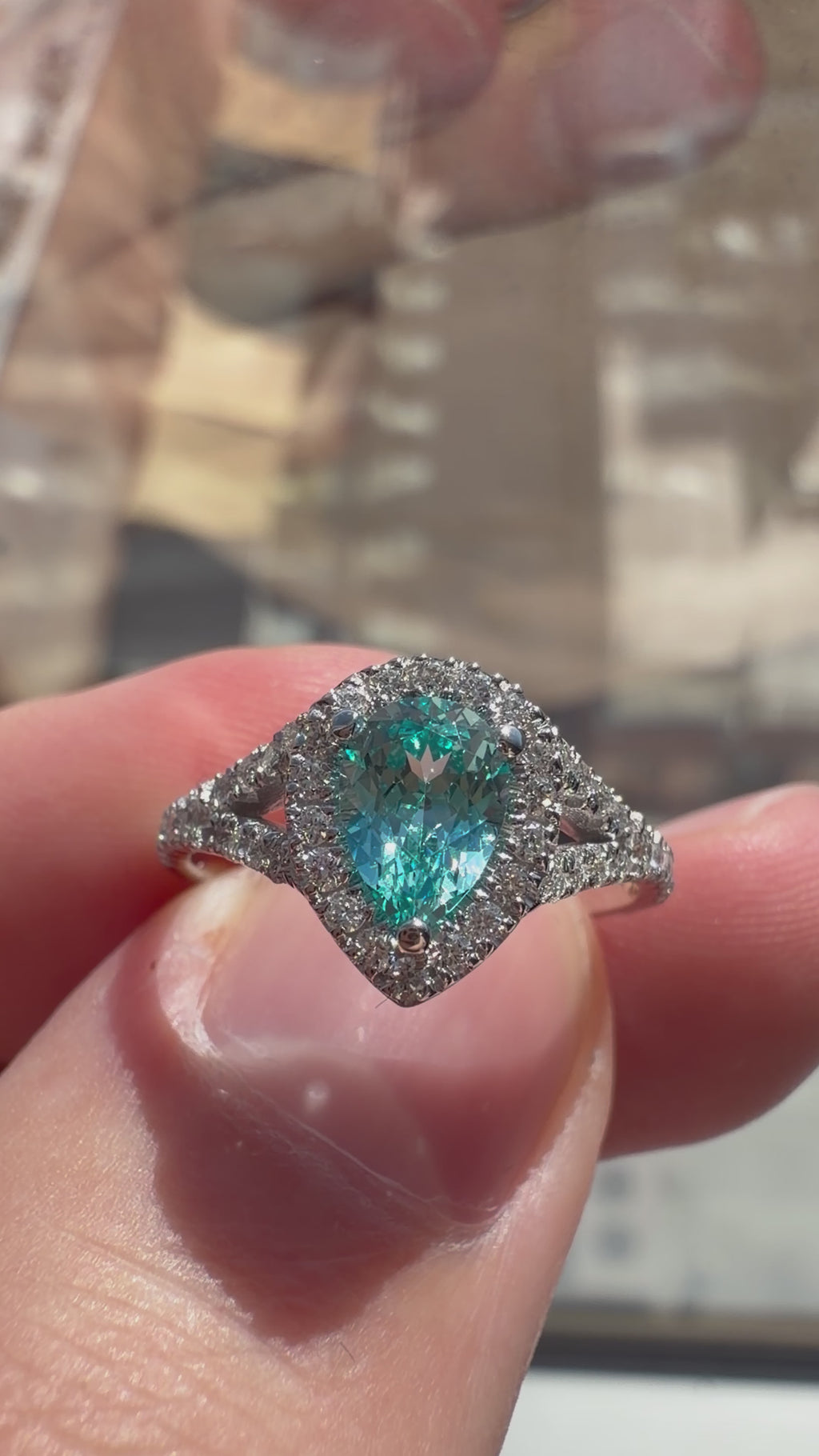 Pear Lab-Grown Paraiba Split Shank Ring with Natural Diamond Halo and Accents