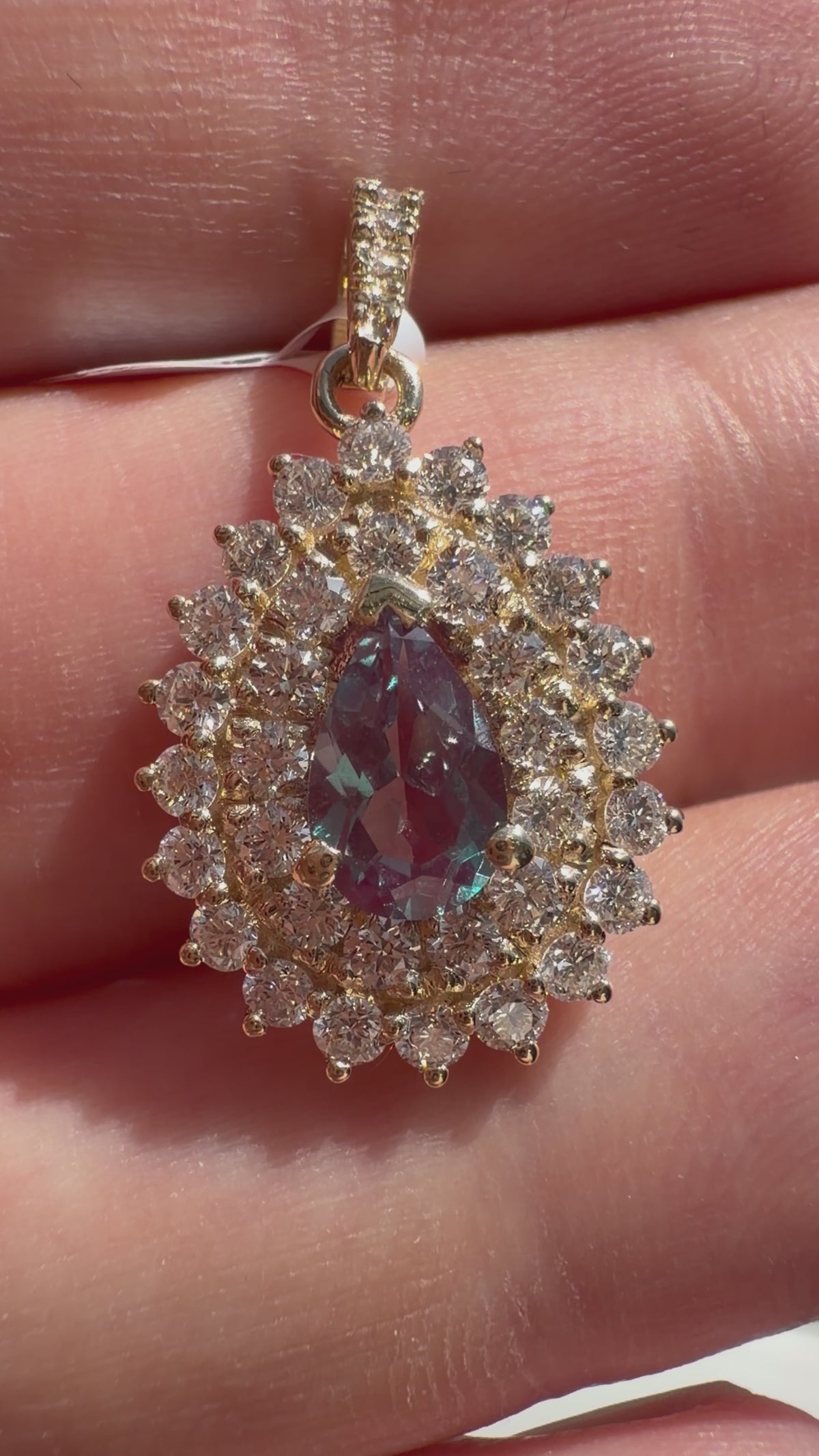 Pear Lab-Grown Alexandrite Pendant with Natural Diamond Double Halo and Diamond Bale