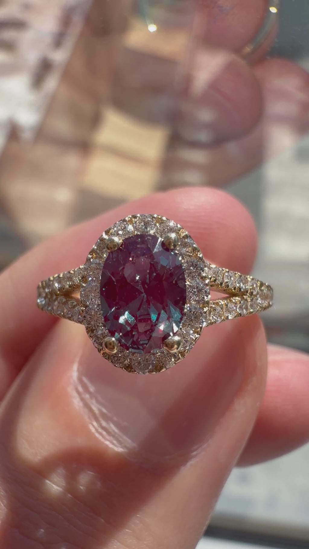 Oval Lab-Grown Alexandrite Ring with Natural Diamond Halo and Accents Split Shank (Smaller Stone)