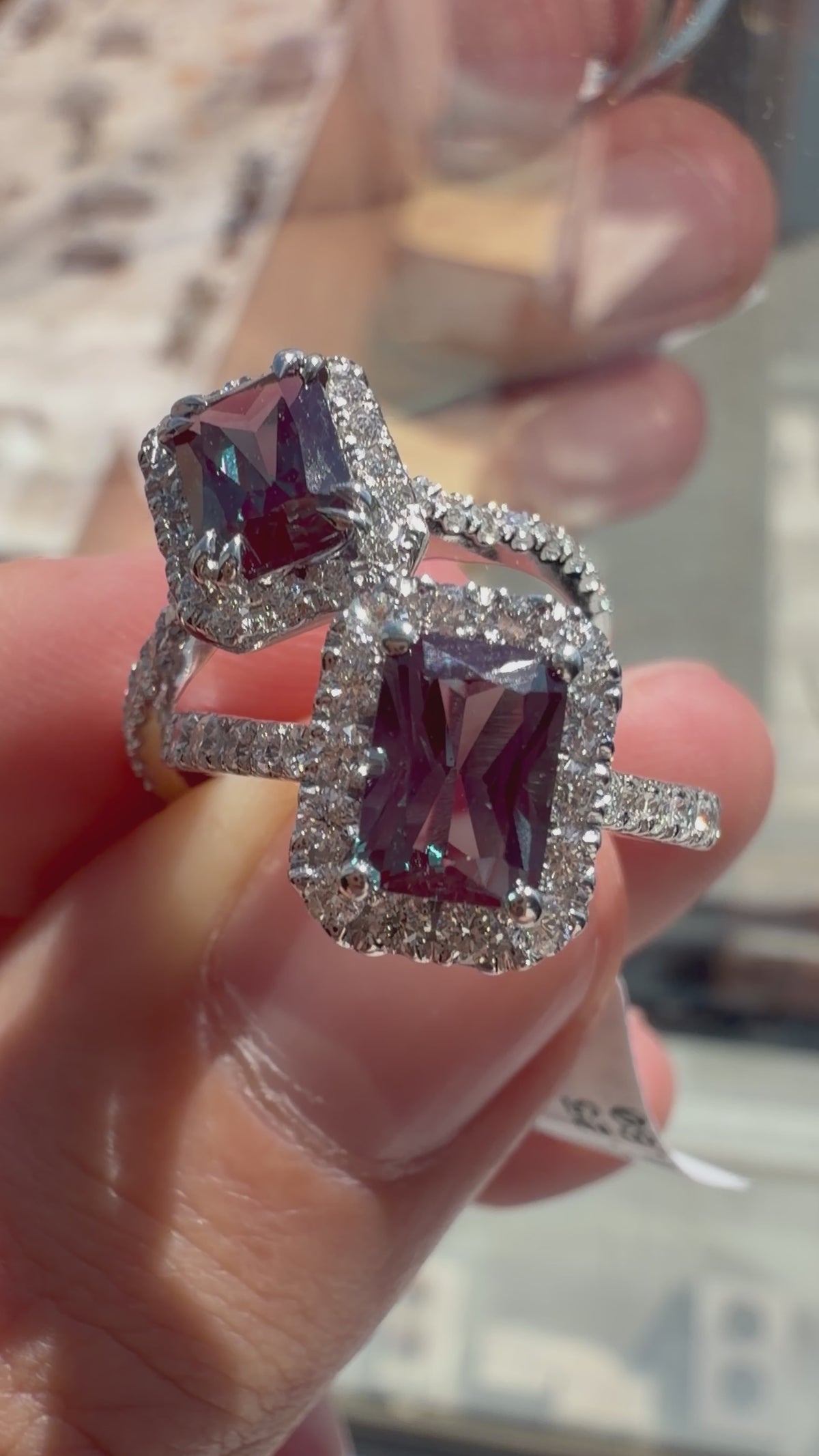 Radiant Lab-Grown Alexandrite Ring with Natural Diamond Halo and Accents