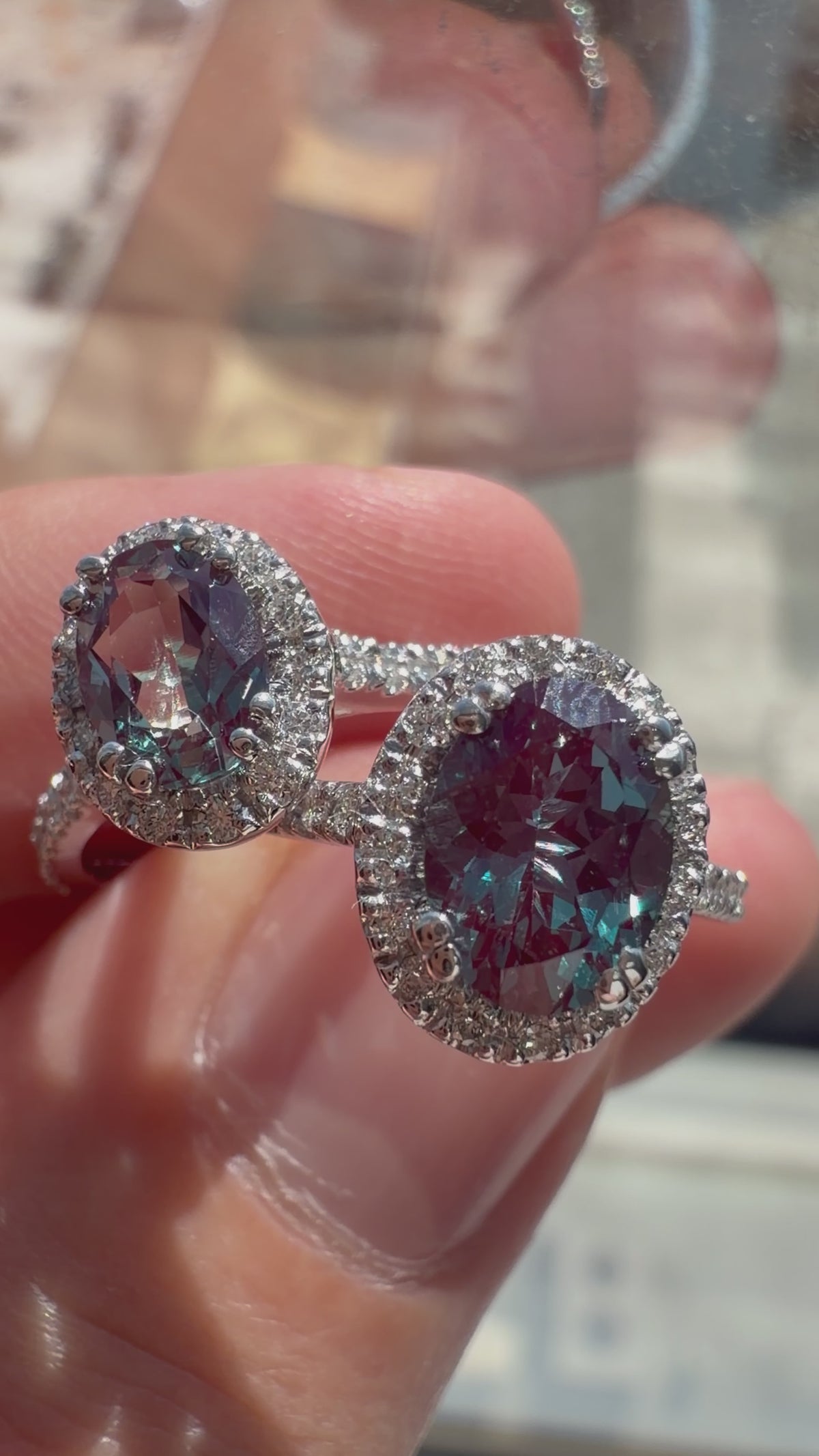 Oval Lab-Grown Alexandrite Ring with Natural Diamond Halo and Accents Double Claw Prongs