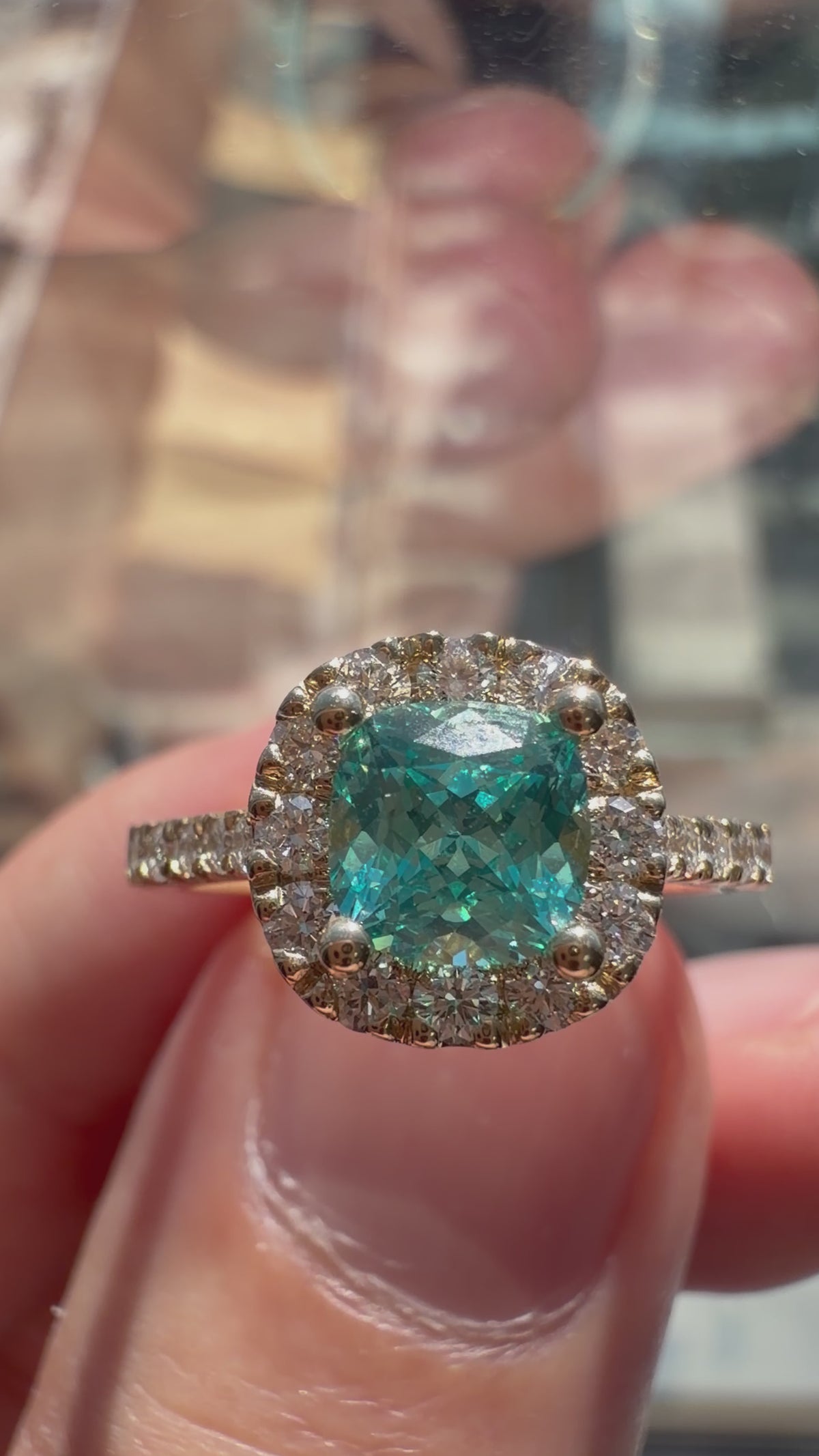 Square Cushion Lab-Grown Paraiba Ring with Natural Diamond Halo and Accents