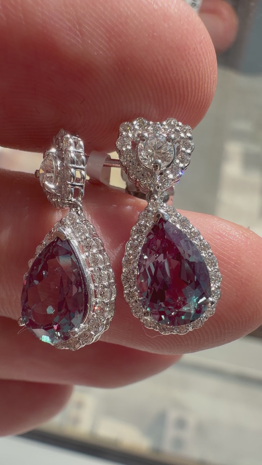 Pear Lab-Grown Alexandrite Earrings with Natural Diamond Heart-Shaped Halo