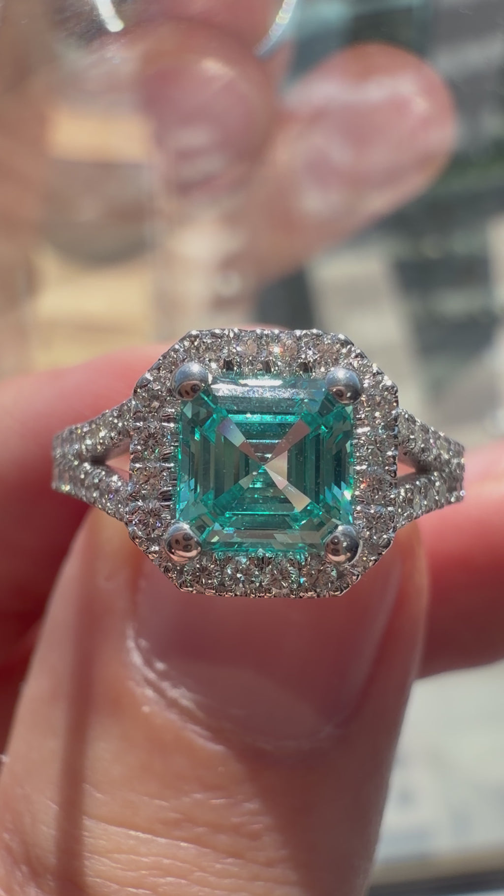 Asscher Lab-Grown Paraiba Double Split Shank Ring with Natural Diamond Halo and Accents
