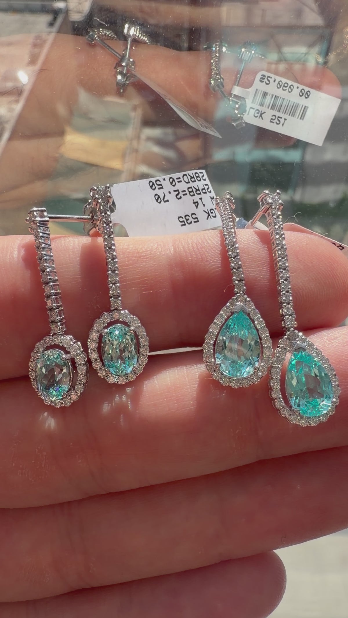 Pear Lab-Grown Paraiba Dangle Earrings with Natural Diamond Halo