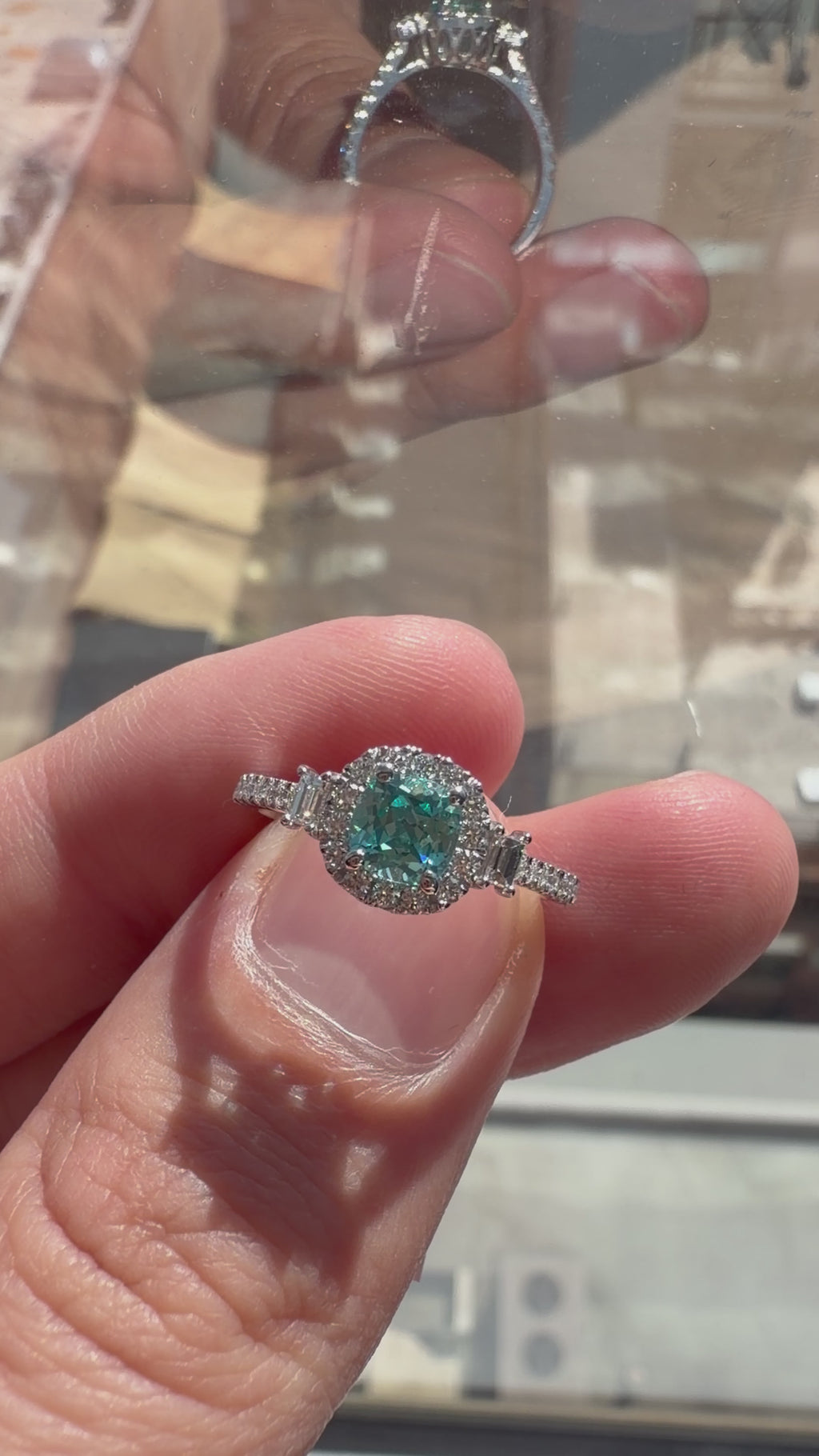 Square Cushion Lab-Grown Paraiba Ring with Natural Diamond Baguettes, Halo and Accents