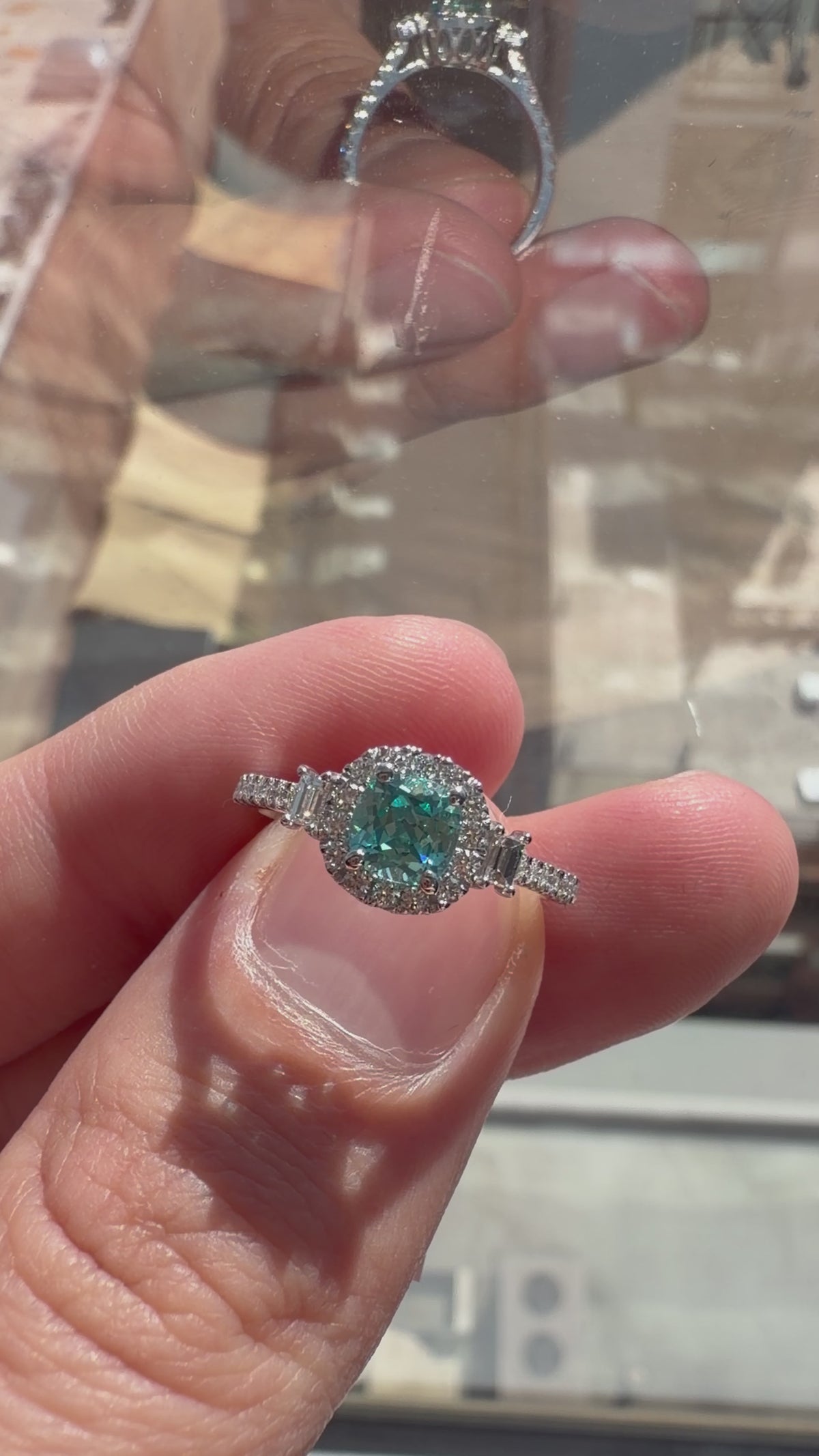 Square Cushion Lab-Grown Paraiba Ring with Natural Diamond Baguettes, Halo and Accents