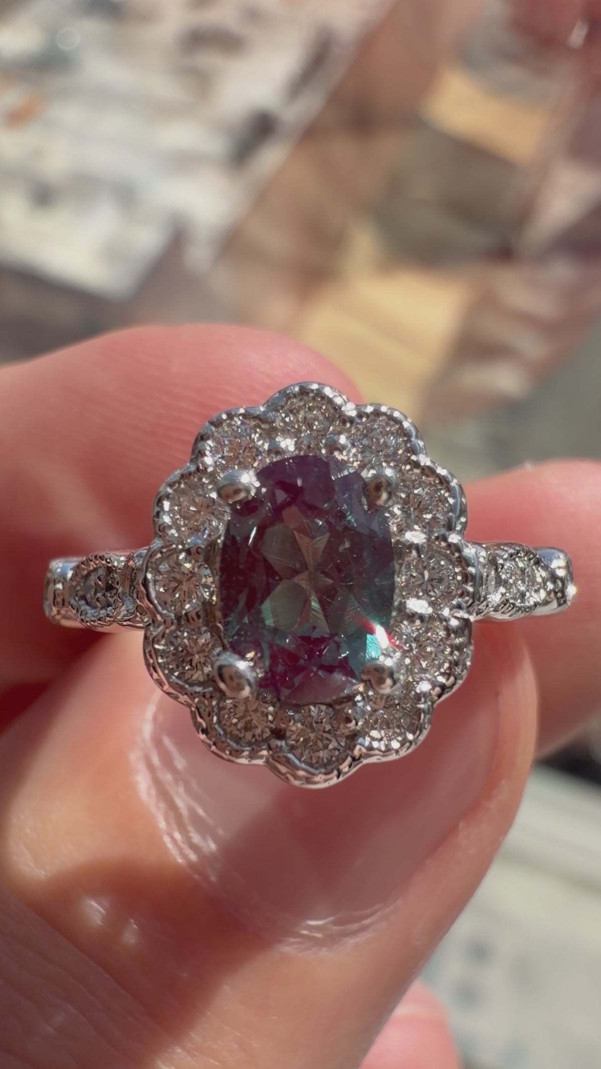 Oval Lab-Grown Alexandrite Flower Filigree Ring with Natural Diamond Halo and Milgrain Accents